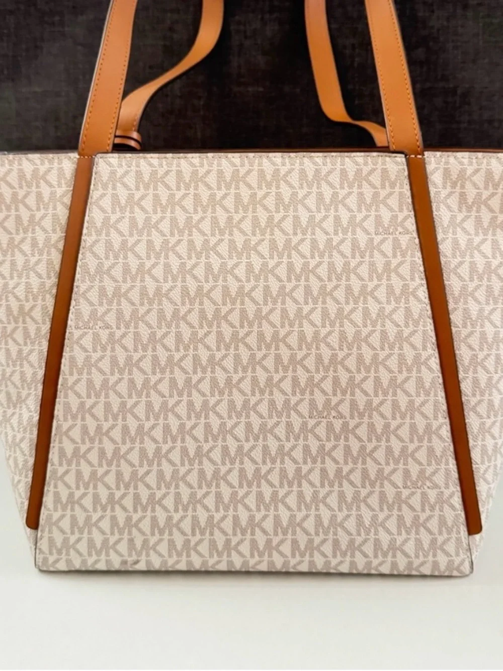 Michael Kors Beige Canvas MK Logo Tote with Brown Trim
